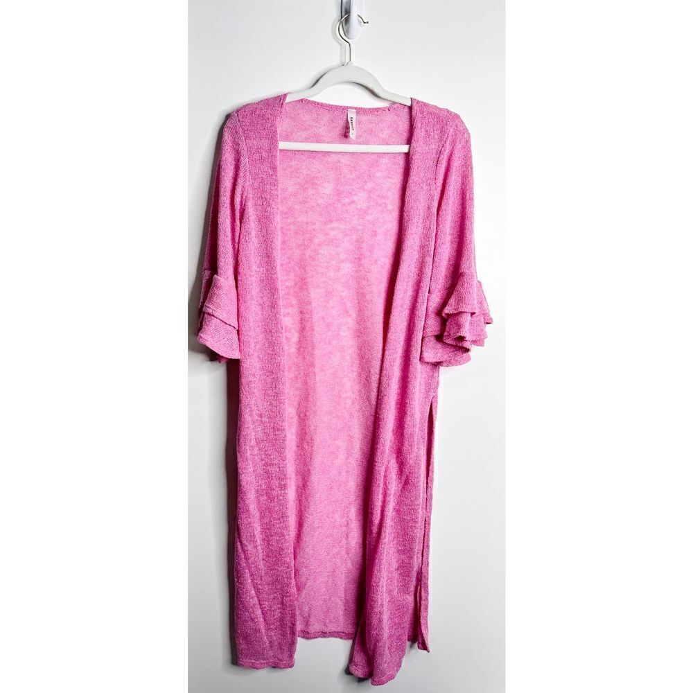 Emerald Sweater Womens Long Knit Cardigan Pink Ruffle Detail‎ Size Large